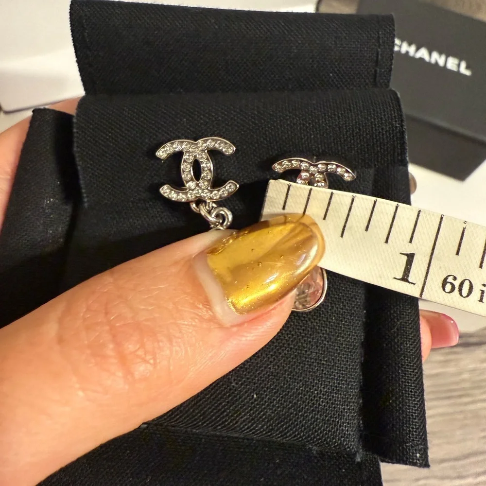 CHANEL Silver Crystal CC Teardrop Dangle Clip On Earrings